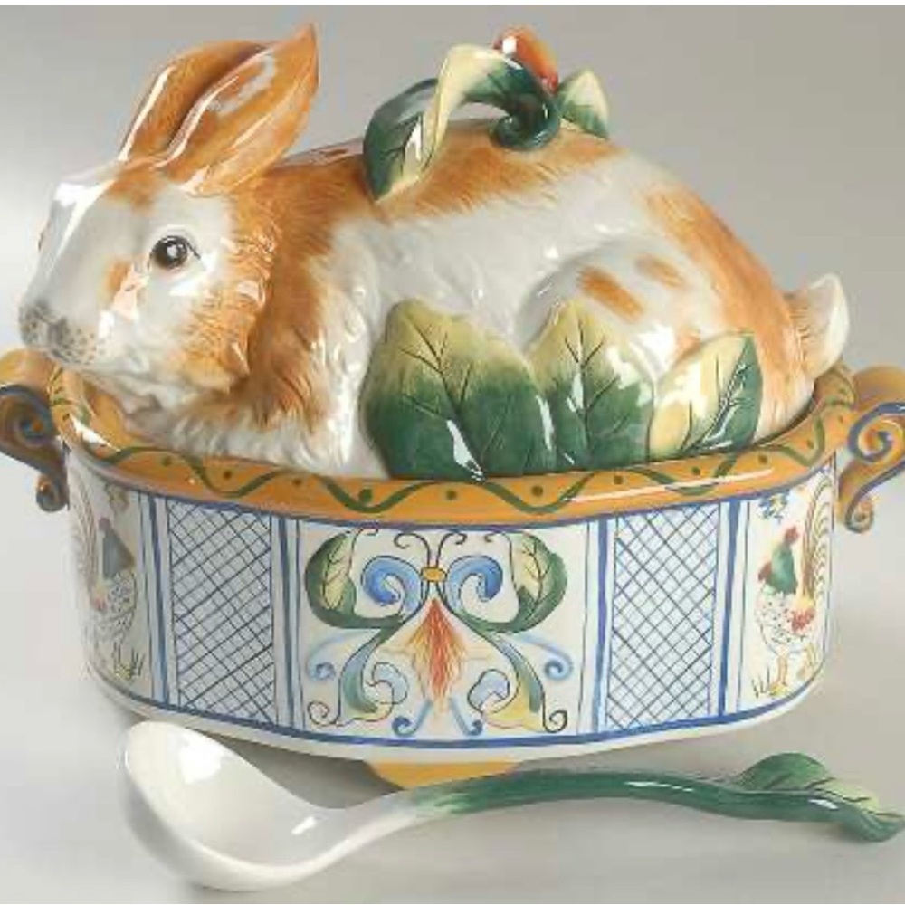 Fitz and Floyd Rabbit Tureen with Spoon - Orange, Green, White